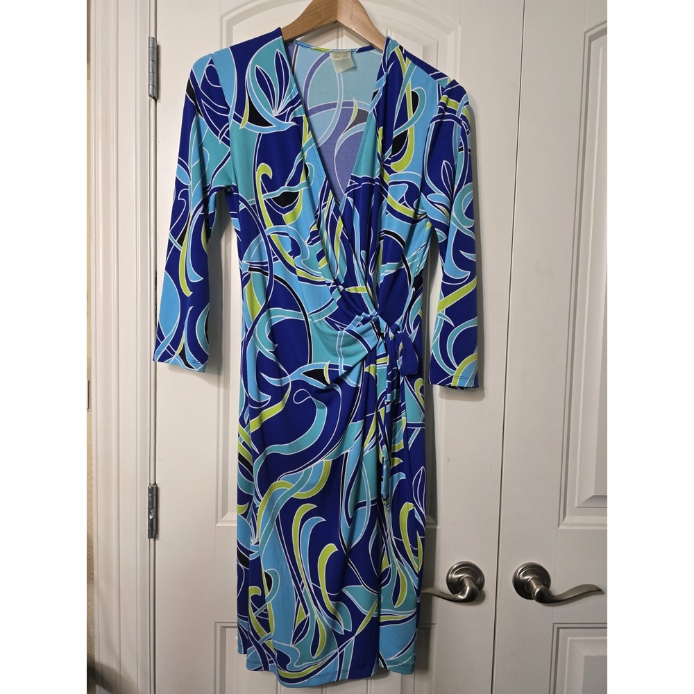 Anne‎ Klein size 6 faux wrap dress blue/green pattern 3/4 sleeve stretch v neck